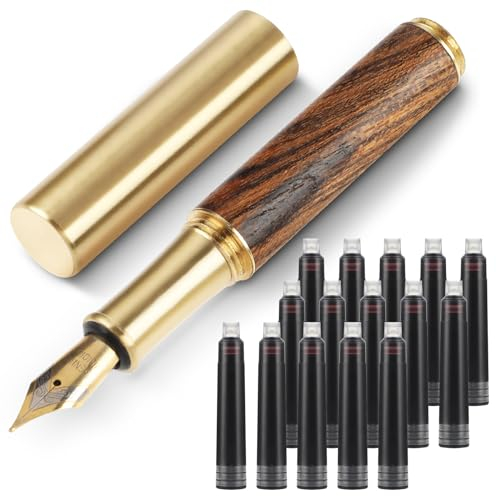 Andibro Mini Füllfederhalter aus Holz, Kurzer Tasche Reisefüllfederhalter Feiner Nip-Stift Ausgefallene Stifte mit 15 Schwarzen 2,6 mm Tintenpatronen für Journaling Büro Schulbedarf(A)