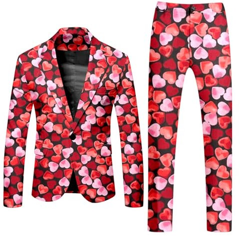 Abito casual da uomo 2024 da uomo 2 pezzi abiti da uomo giacca e pantaloni casual stampati per San Valentino Set completo di abbigliamento da festa, Rosa acceso, XL