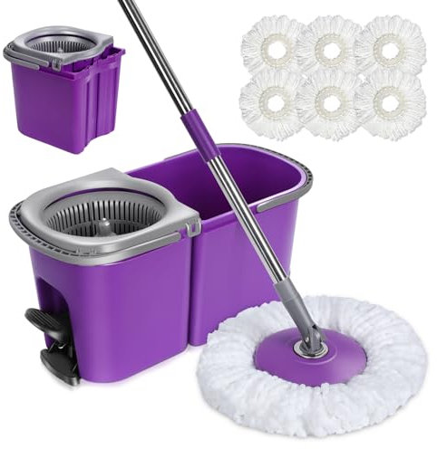 Balai Serpillère et Seau à Pédale, Masthome Seau Serpillere Rotatif 360° avec Système d'essorage Intégré, Seau Détachable avec 2 Compartiments pour Séparer l'eau Sale, Envoyer 6 Recharge en Microfibre