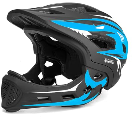 OutdoorMaster Kids Full Face Helmet - Adjustable Toddler Bike Helmet with Detachable Chin Pad - Suitable for Mountain & Road Cycling - Blue, S