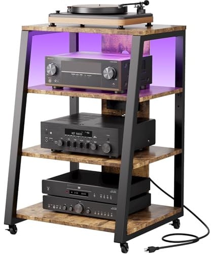 Lifewit HIFI Record Player Stand, 4-Tier AV Media Tower With Power Strips, Audio Rack With LED Lights, Wheels and Adjustable Shelves for Amp/Turntable/Sky Box/Printer, Rustic Brown