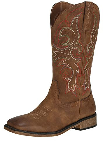 J's.o.l.e Stivali da cowboy da donna, punta quadrata, stivali da cowgirl da donna, a metà polpaccio, stivali western, nero marrone, Marrone, 37 EU