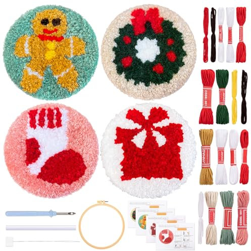 JSRQT 4 Stück Weihnachts Punch Needle Untersetzer Set, Stanznadel Stickereiset Anfänger Erwachsene mit Sockengirlanden Design, DIY Handwerk Punch Needle Embroidery Kit mit Punch Nadel Werkzeug Set