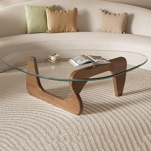 Table basse triangulaire moderne en verre avec pieds en noyer massif, table d'appoint vintage avec plateau en verre trempé, grande taille pour salon, terrasse, étude, verre incolore et finition noyer