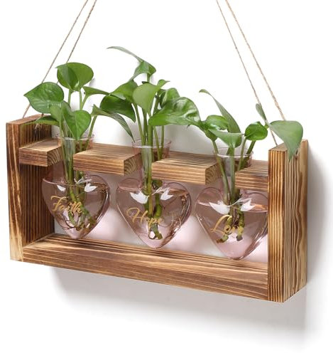 Plant Terrarium Propagation Stations Faith Hope Love Hydroponics Home Garden Decoration Gift for Women with Wooden Stand Heart Shaped Colored Glass Vase