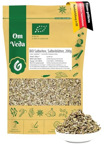 BIO Salbeitee - Salbeiblätter geschnitten und naturbelassen - Ideal für Tee-Zubereitungen - reich an Geschmack und Qualität - Aromatischer Kräutertee - OmVeda (200g)
