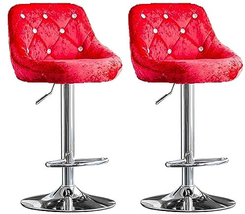 MESCXTY Set aus 2 Samt-Barhockern mit Rückenlehne,Verstellbarem Dreh-Barstuhl mit Fußstütze,Barhockern mit Thekenhöhe für das Essen in der Küche(Chrome Base, Red)