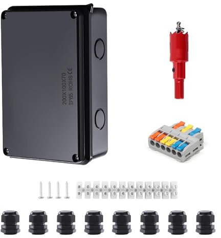 PARFCO Aufputz Abzweigdose, IP65 Wasserdicht Anschlussdose, ABS Schwarz Klemmdose Aufputz, Verbindungsdose, 200 x 100 x 70 mm, mit Terminal und Montagezubehör, für Kabel Ø 12-16 mm