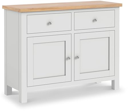 RoselandFurniture Farro XL Grey 2 Door Sideboard for Living Room | Fully Assembled, Wooden Storage Cabinet with Drawers, Oak Top, Painted, Contemporary Style, H85cm W110cm