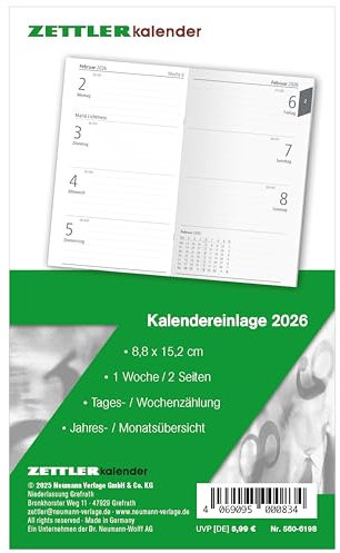 Zettler Kalenderersatzeinlage TP 1W/2S 2026 – Ersatzkalendarium 9 × 15 cm für Taschenplaner Typ 560, 112 Blatt, 1 Woche auf 2 Seiten, Sonn- & Feiertage markiert, geheftet, FSC-zertifiziert
