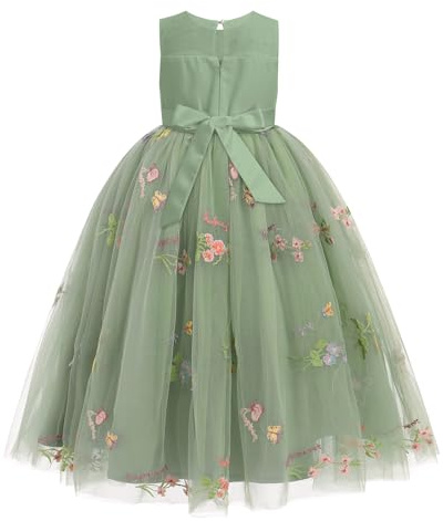 IWEMEK Vestidos de flores para niñas, sin mangas, para dama de honor, tutú, primera comunión, fiesta de noche, princesa, desfile, cumpleaños, graduación, carnaval, vestido de baile, verde, 11-12 años