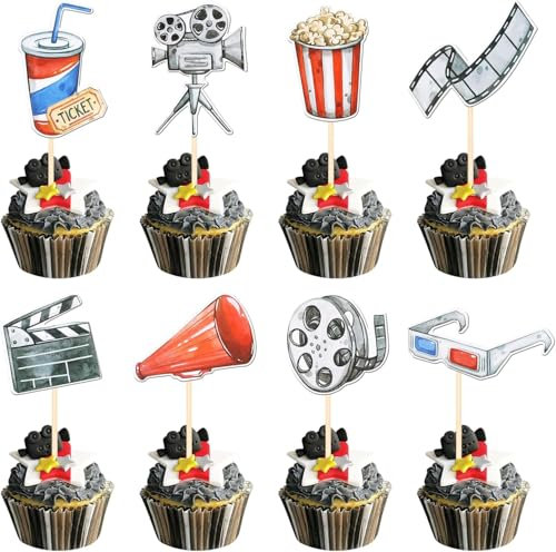 40 Stück Film Tortendeko Doppelt Seite Film Nacht Rolle Kuchen Deko Gläserne Kamera Popcorn Projektor Hollywood Cupcake Toppers für Film Thema Baby Dusche Kinder Geburtstag Party Kuchen Dekorationen