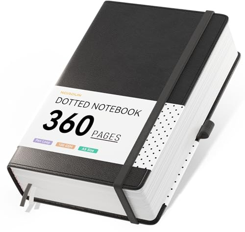 NORDUN Gepunktetes Notizbuch, A5, dickes Tagebuch, 360 Seiten, Notizbücher zum Schreiben, 100 g/m² Papier, Hardcover, Leder-Tagebuch für Büro, Schule, Arbeit, Damen, Herren, Haftstreifen, 14,5 x 21 cm