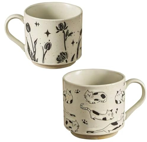 XUN-TAO Kaffeetasse mit Katze 2er-Set 220ml | Keramik Tassen 2er-Set, 220ml, mit Katzen- & Tulpen-Relief, spülmaschinenfest, ideal als Geschenk für Eltern.