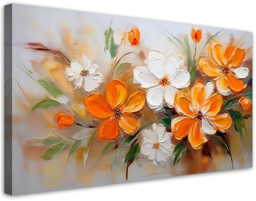 Feeby Bilder - Foto Geschenk - Weißorange Wildblumen - 120x60 1tlg - Leinwandbilder Wohnzimmer - Wandbild über dem Bett - Bild Schlafzimmer - Aesthetic Zimmer Deko - Modern Pictures