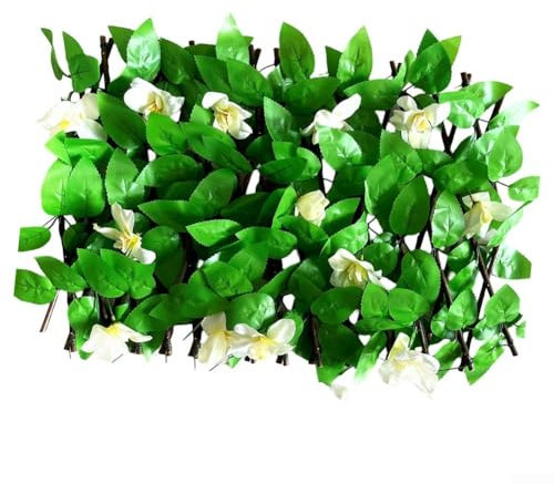 Clôture artificielle extensible avec fleurs blanches et feuilles vertes - Panneau de bois décoratif pour jardin, terrasse, balcon, décoration murale extérieure - 40 x 200 cm - Résistant aux