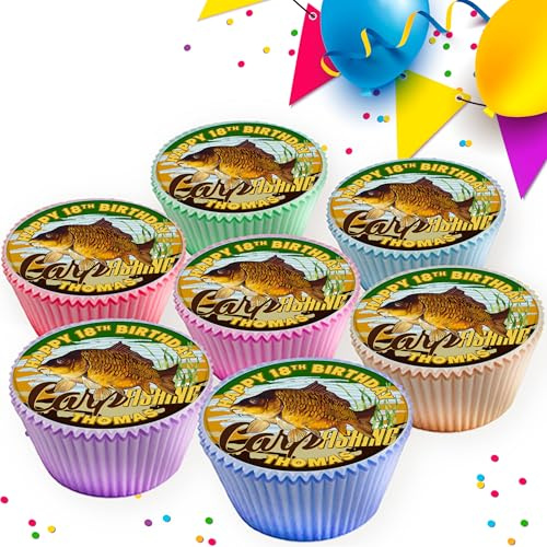 24 x CARP FISHING BIRTHDAY PARTY PERSONALISED EDIBLE ICING 4.5 cms CUPCAKE TOPPERS DECORATIONS M-9245