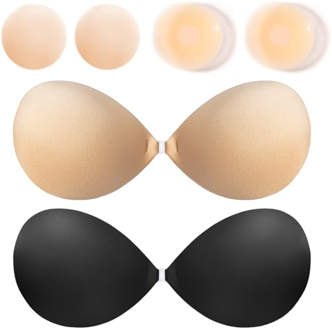 woleeup Soutien-gorge push-up adhésif en silicone invisible à coller, soutien-gorge push-up réutilisable dos nu sans bretelles pour femme, robe de fête de mariage, beige, B