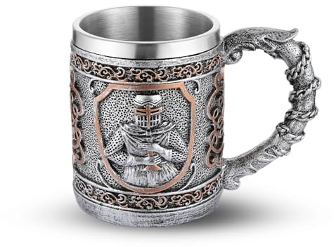 AsAlways Stainless Steel Beer Mug Medieval Templar Knights Beer Stein Novelty Wine Coffee Drinking Cup Renaissance Accessory Gift 400ML/13.5OZ