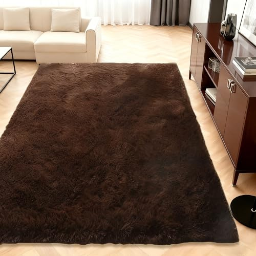QENHYUN Moderner Hochflor Teppich 110 x 170 cm Extra Weich Bettvorleger High Pile Moderner für Kinderzimmer Teenager Schlafsaal, braun