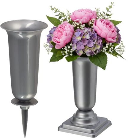 matches21 HOME & HOBBY Wetterfeste Grabvasen mit Erdspieß und Sockel (31, 32 cm) Silber - 2 Friedhofsvasen als Grabschmuck