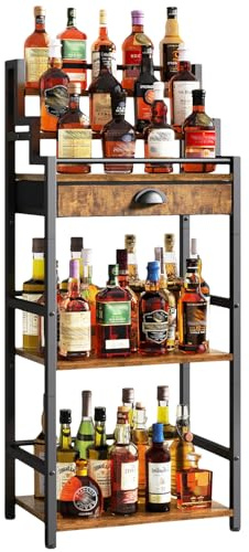 IBUYKE Stufen Weinregal,Freistehend Weinschrank mit Schublade,Braun TMJ915H | Flaschenregal Ausstellungsregal für Whisky, Trapezförmiges Flaschenhalter für Bar Wohnzimmer Esszimmer
