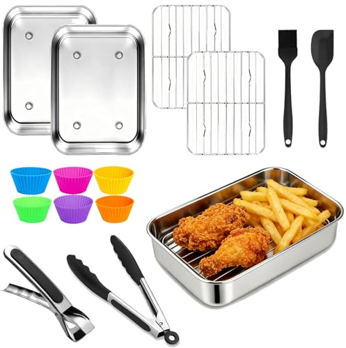 vercleuim 14-teiliges Airfryer Zubehör – 304 Edelstahl Auflaufform kompatibel mit Ninja AF400EU / AF451EU / AF500EU / DZ400EU – 2× Schalen, 2× Grillrost, Zange & Handschuhe, spülmaschinenfest