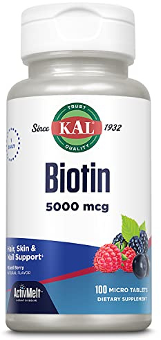 Kal 5000 Mcg Biotin Tablets, Mixed Berry, 100 Count