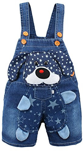 KIDSCOOL SPACE Salopette Corta Morbida Estiva in Cotone Denim 3D Cartoon Star Dog per Bebè,Blu,12-18 Mesi