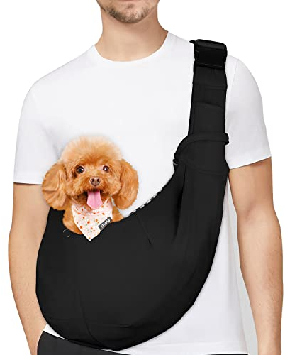 PetLoft Tragetuch Hund, Reversibel Kleine Hundetrage, Einstellbar Pet Tragetuch, Freisprecheinrichtung Cross-Body Carrier mit Halsband für Hund/Katze/Hase, Schwarz