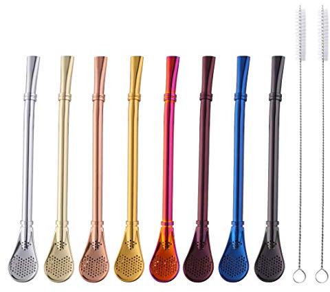 Cuillère à pailles INOX Cuillère Paille Filtre Infuseur à Thé 8 Couleurs Pailles métalliques réutilisables 2 Brosse de Nettoyage Longueur 6 Pouces