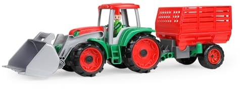 Lena TRUXX Traktor mit Heuanhänger und verzinkten Stahlachsen, Führerhaus zum Öffnen und feststellbarer Schaufel mit Griff I Spielfigur inklusive, Rot