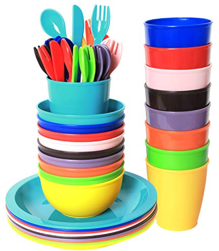 Youngever 54 Piezas Vajilla para Niños de Plástico, Cuencos para Niños, Tazas para Niños, Platos para Niños en 9 Colores Surtidos
