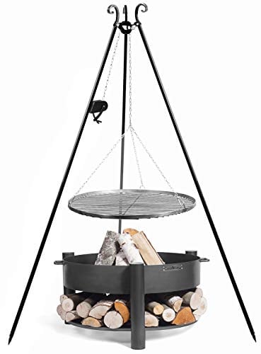 JS Garten Deko Set: Dreibein H 180 cm mit Kurbel u. Grillrost Ø 50 cm aus Rohstahl + Feuerschale Montana Ø 60 cm CookKing
