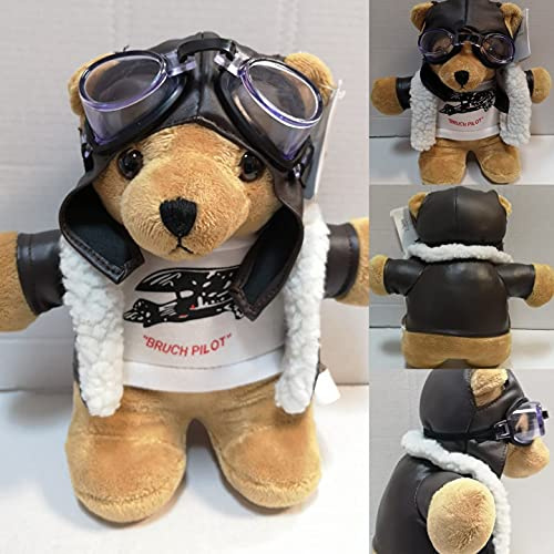 ESouvenirs Pilotbär aus Plüsch ca. 25x12x24cm, mit weißen Shirt Plüschbruchpilot, Pilot- Teddy -Schutzbrille- Mutze- Jacke,Kuscheltier braun mit Pilotenoutfit, 1 Stück
