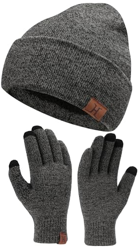 Bequemer Laden Herren Damen Winter Warm Beanie Mütze Touchscreen Handschuhe Set, Thermo Wintermütze Strickmütze Winterhandschuhe mit Fleece Gefüttert, Midgrey