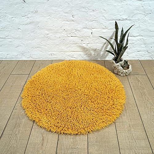 SHIKARA Badematte aus 100 % Bio-Baumwolle, luxuriös, weich und dick, sehr saugfähig, rutschfest, Shaggy-Hotel, Spa, Badezimmer, Kollektion, 91 cm, rund, Gelb/Ocker