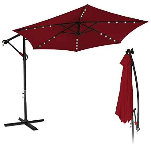 Lospitch Sonnenschirm LED Solar 350 cm, Alu Ampelschirm mit Kurbelvorrichtung, Sonnenschirm Groß UV-Schutz & Wasserabweisende, Gartenschirm 8 Streben (Rot)