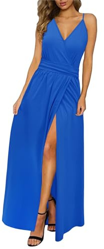 Newshows Femmes Eté Profond Décolleté en V Loisirs Robe Spaghetti Imprimé Fleur Split Maxi pour la fête de Plage (Bleu céruléen,XX-L)