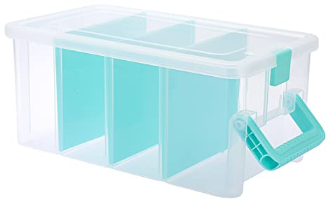 BSTKEY Plastic Clear Blue Storage Container Organizer Box, Home Utility Storage Box with 4 Detachable Compartments and Handle, Vertical