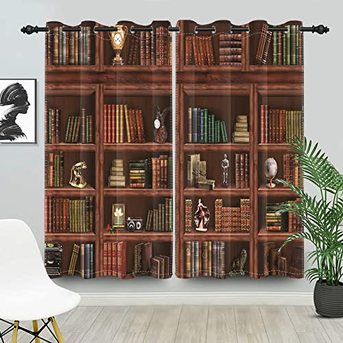 Umpoo Vintage-Bücherregal-Verdunkelungsvorhang, antikes Holz, Bücherregal, antike Bücher, Vorhänge, 106,7 x 160 cm, Retro-Stil, Fenstervorhang-Set für Wohnzimmer, Schlafzimmer, 2 Paneele mit Ösen oben