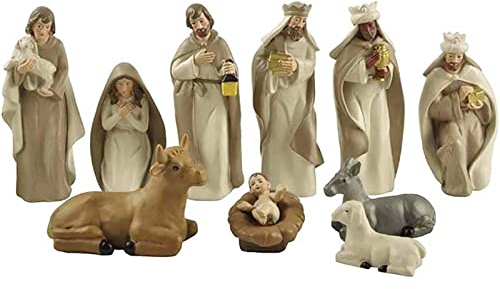 LIBOOI Juego de 10 piezas de pesebre, juego de belén de resina para Navidad, Pascua, figuras de belén pintadas a mano, juego de belén de Navidad para decoración interior del hogar