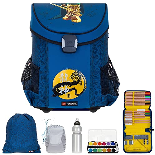 LEGO Schulranzen Jungen Easy 6 Teile Mega Set Schulrucksack Ranzen 850 Gramm Leicht Ninjago Plus Trinkflasche Malkasten Regenhülle +rkf (Ninjago Gold Blue 2214 RFK)