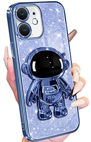 Buleens for iPhone 11 Blue Case Astronaut, Clear Cases for iPhone 11 with Glitter Paper & Spaceman Stand, Women Girls Cute Electroplated Sparkly Space Phone Cover for 11