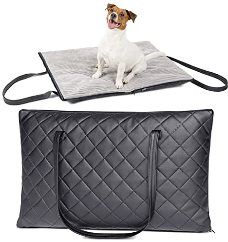 FREUDENTIER Faltbare Outdoor Hundematte | Gestepptes Kunstleder mit Cord Liegefläche | Waschbar, Wasser- und Schmutzabweisend | Hundedecke für unterwegs, Made in EU (75x60cm Liegefläche)