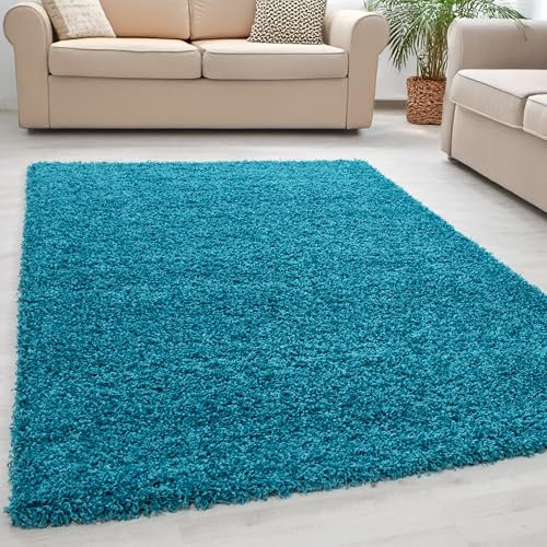 Giancasa Hochflor Teppich Wohnzimmer 140x200 cm Türkis - Flauschiger Shaggy in vielen Farben für mehr Gemütlichkeit in deinem Zuhause - Ideal für Flur und Schlafzimmer
