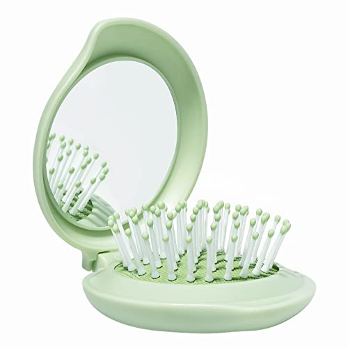 Arthaxi Hair Brush with Mirror, Compact Mirror and Mini Hair Brush Set, Folding Hairbrush for Women, Gifts for Women, Green