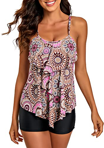 FLYILY Trajes de baño Tankini de 2 Piezas para Mujer Top con Estampado de Volantes y bañadores Traje de baño de Talla Grande(Redbrown,M)