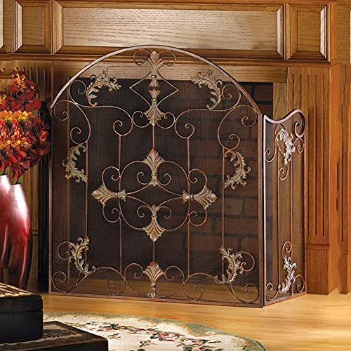 Free-standing 3-fold Surround Screen Fireplace Screen with Floral Design，Extending Extendable Metal Fire Spark Guard Cover