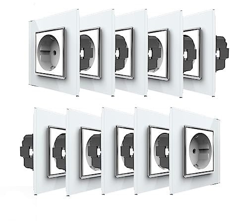 10 Stück Luxus-Time VDE Steckdosen Modul Stecker Wandsteckdose Unterputz UP Komplettset inkl. Glasrahmen in Weiß